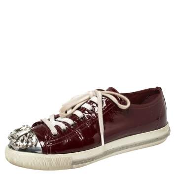 Pre Owned Miu Miu Maroon Patent Leather Crystal Embellished Low Top Sneakers Size 36