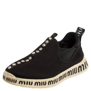 مملوكة مسبقًا Miu Miu Black Stretch Knit Crystal Embellished Run Sneakers Size 36.5