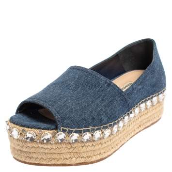 Pre Owned Miu Miu Blue Denim Crystal Embellished Peep Toe Platform Espadrilles Size 40