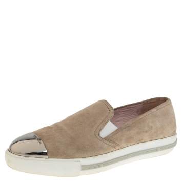 Pre Owned Miu Miu Beige Suede Metal Cap Toe Platform Slip On Sneakers Size 41