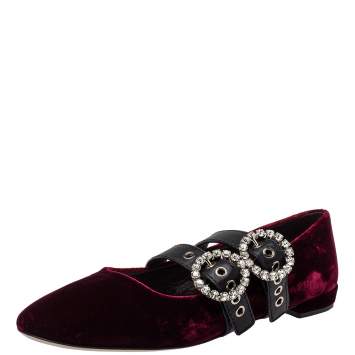 Pre Owned Miu Miu Burgundy Velvet And Leather Crystal Embellished Double Strap Ballerina Flats Size 41
