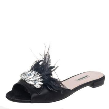Pre Owned Miu Miu Black Satin And Feathers Crystal Embellished Flat Slides Size 41