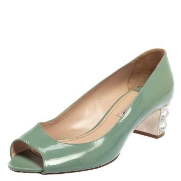 Pre Owned Miu Miu Teal Green Patent Leather Embellished Heel Peep Toe Pumps Size 37