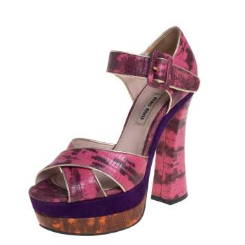 Pre Owned Miu Miu Pink Python Embossed Leather Platform Sandals Size 36.5