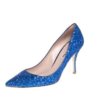Pre Owned Miu Miu Blue Glitter Pointed Toe Pumps Size 39.5