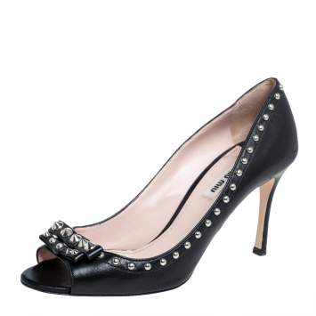 Pre Owned  Miu Miu Black Leather Spike Embellishment Peep Toe Pumps Size 39.5
