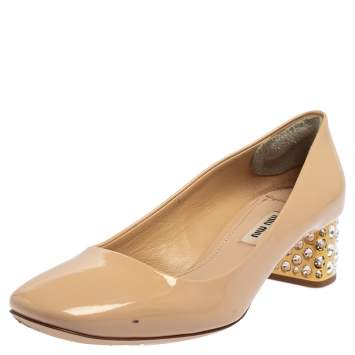 Pre Owned Miu Miu Beige Patent Leather Embellished Heel Pumps Size 37.5