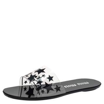 مملوكة مسبقًا Miu Miu Black/White Star Print PVC Slide Sandals Size 39