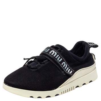 مملوكة مسبقًا Miu Miu Black Cotton Knit Graphic Trim Sneakers Size 41