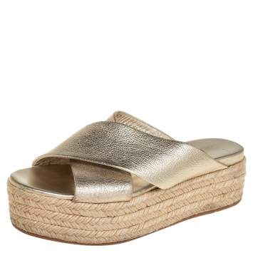 Pre Owned Miu Miu Metallic Gold Textured Leather Criss Cross Platform Espadrilles Size 38