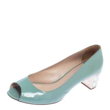 Pre Owned Miu Miu Blue Patent Leather Peep Toe Embellished Block Heel Pumps Size 38.5