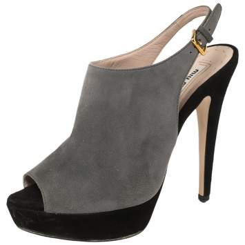Pre Owned Miu Miu Grey/Black Suede Platform Peep Toe Slingback Sandals Size 36.5
