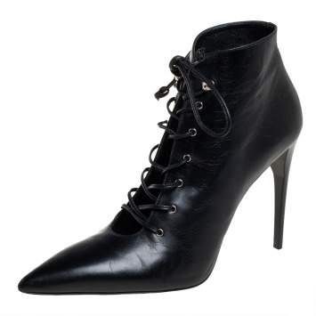 Pre Owned Miu Miu Black Leather Lace-Up Booties Size 40 