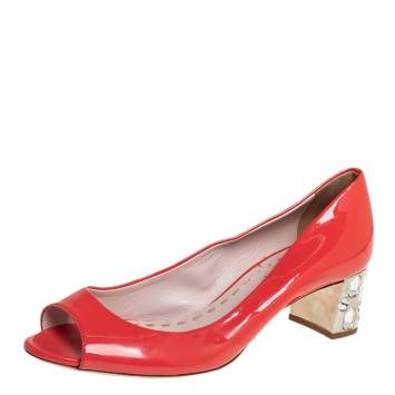 Pre Owned Miu Miu Orange Patent Leather Crystal Embellished Block Heel Peep Toe Pumps Size 38.5