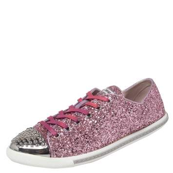 مملوكة مسبقًا Miu Miu Pink Glitter Low Top Sneakers Size 39