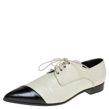 Pre Owned Miu Miu Off-white/Black Leather Cap Toe Pointed Toe Derby Size 38