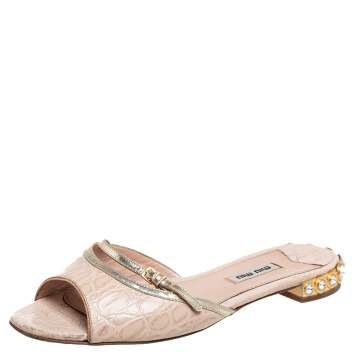 Pre Owned Miu Miu Beige /Gold Croc-Embossed Patent And Leather Crystal Embellished Sandals Size 37