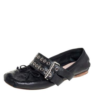 Pre Owned Miu Miu Black Leather Buckle Ballet Flats Size 38