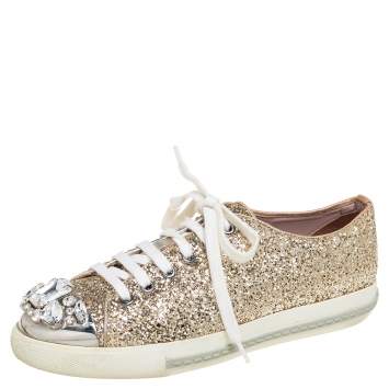 مملوكة مسبقًا Miu Miu Gold Glitter Crystal Embellished Metal Cap Toe Low Top Sneakers Size 37