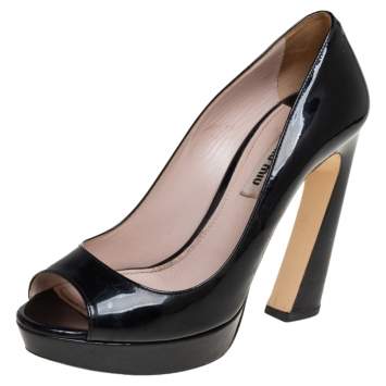 Pre Owned Miu Miu Black Patent Leather Open Toe Platform Pumps Size 37