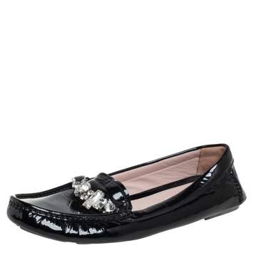 Pre Owned Miu Miu Black Patent Leather Crystal Embellished Loafers Size 38