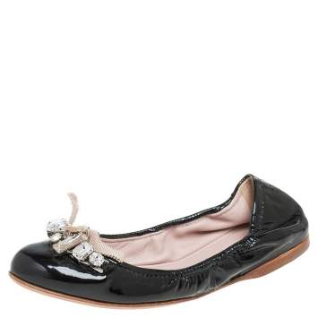 Pre Owned Miu Miu Black Patent Leather Scrunch Ballet Flats Size 37.5