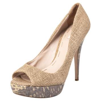 Pre Owned Miu Miu Beige Jute Peep Toe Platform Pumps Size 40.5