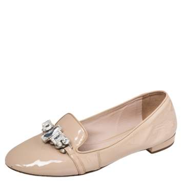 Pre Owned Miu Miu Beige Patent Leather Crystal Embellished Smoking Slippers Size 39 