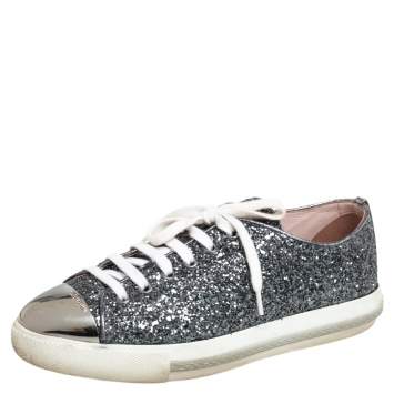 Pre Owned Miu Miu Grey Glitter And Metal Cap Toe Low Top Sneakers Size 38.5