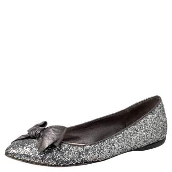 Pre Owned Miu Miu Metallic Grey Glitter Bow Ballet Flats Size 37