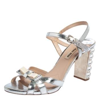 Pre Owned Miu Miu Silver Leather Crystal Heel Embellished Ankle Strap Sandals Size 38.5