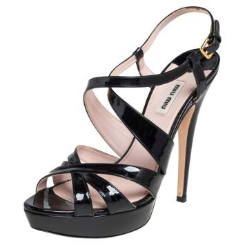 Pre Owned Miu Miu Black Patent Leather Strappy Platform Sandals Size 40