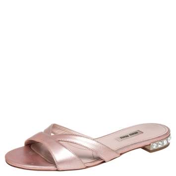 Pre Owned Miu Miu Metallic Pink Leather Jewel Embellished Heel Slide Sandals Size 38