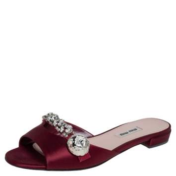 Pre Owned Miu Miu Burgundy Satin Crystal Embellished Flats Size 38