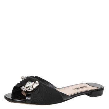 Pre Owned Miu Miu Black Patent Leather And Fabric Crystal Embellished Slide Sandals Size 39.5