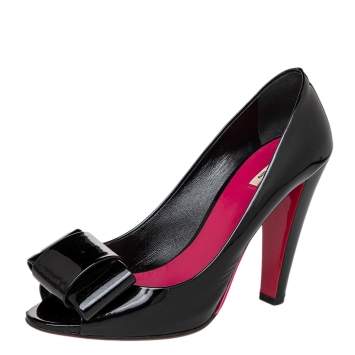Pre Owned Miu Miu Black Patent Leather Bow Peep Toe Pumps Size 39.5