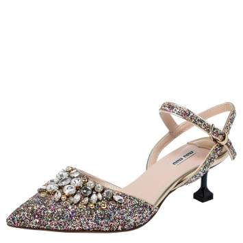 Pre Owned Miu Miu Multicolor Glitter Crystal Embellished Pointed Toe Slingback Sandals Size 40