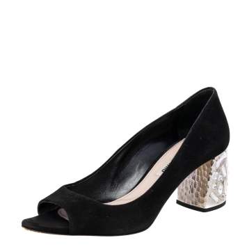 Pre Owned Miu Miu Black Suede Crystal Embellished Heel Peep Toe Pumps Size 36