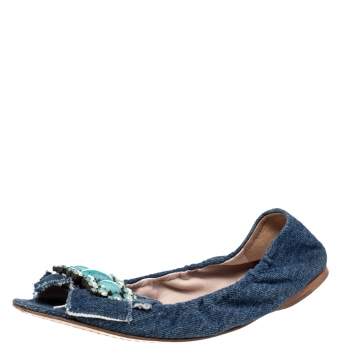 Pre Owned Miu Miu Blue Denim Crystal Embellished Ballet Flats Size 37