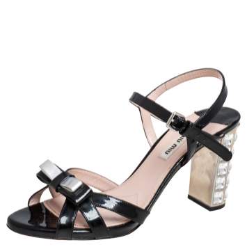 Pre Owned Miu Miu Black Patent Leather Crystal Embellished Block Heel Ankle Strap Sandals Size 38.5