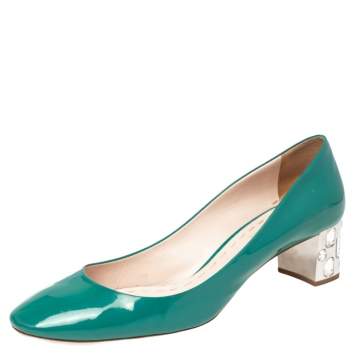 Pre Owned Miu Miu Green Patent Leather Crystal Embellished Block Heel  Pumps Size 40.5