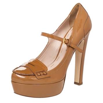 Pre Owned Miu Miu Brown Patent Leather Penny Platform Loafer Pumps Size 40