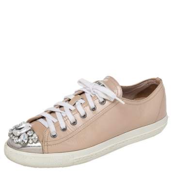 Pre Owned Miu Miu Beige Patent Leather Crystal Embellished Cap Toe Sneakers Size 38.5