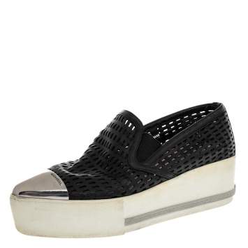 Pre Owned Miu Miu Black Leather Metal Cap Toe Platform Slip On Sneakers Size 36