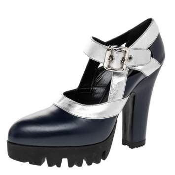 Pre Owned Miu Miu Navy Blue/Silver Leather Mary Jane Platform Block Heel Pumps Size 39