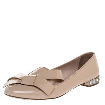 Pre Owned Miu Miu Beige Patent Leather Bow Crystal Embellished Smoking Slippers Size 37 