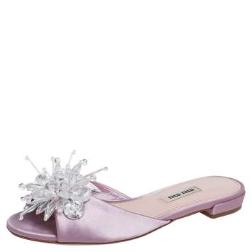 Pre Owned Miu Miu Pink Satin Crystal Embellished Open Toe Slide Flats Size 36.5