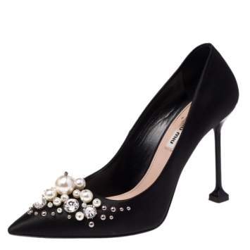 Pre Owned Miu Miu Black Satin Crystal and Pearl Embellished Pointed Toe Pumps Size 39