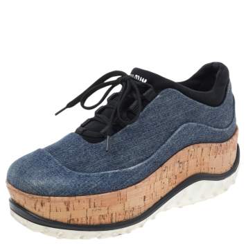 Pre Owned Miu Miu Blue Denim Astro Cork Platform Sneakers Size 36.5