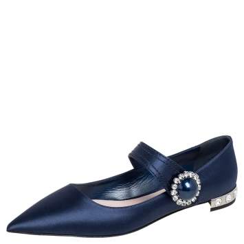 Pre Owned Miu Miu Navy Blue Satin Mary Jane Embellished Pointed Toe Ballet Flats Size 40